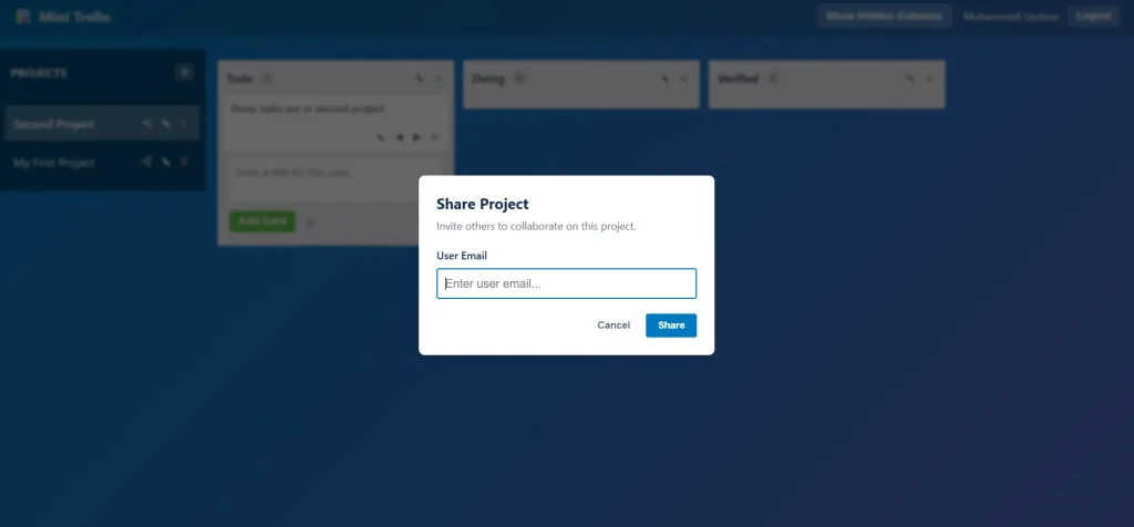 Mini Trello share board by email