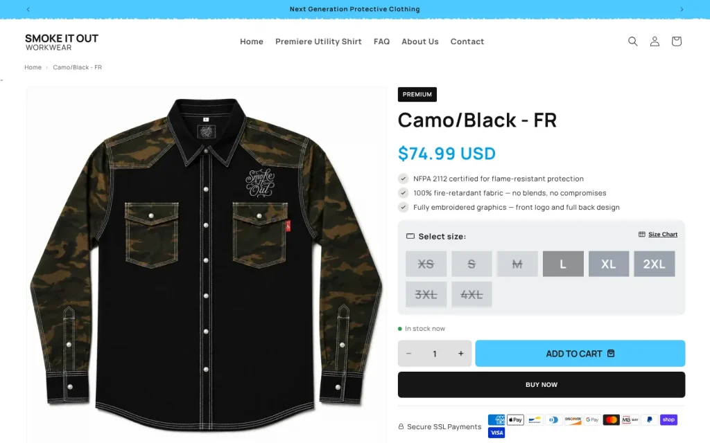 Smoke It Out Workwear Camo/Black FR shirt product page