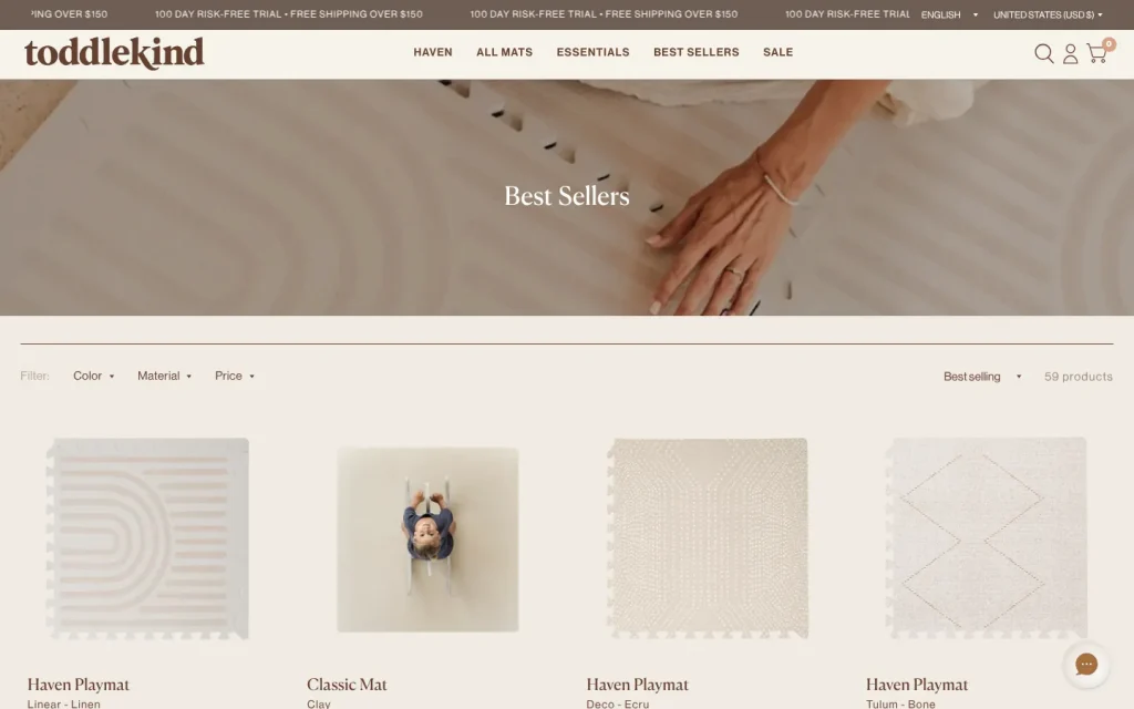 Toddlekind Best Sellers collection page with filters