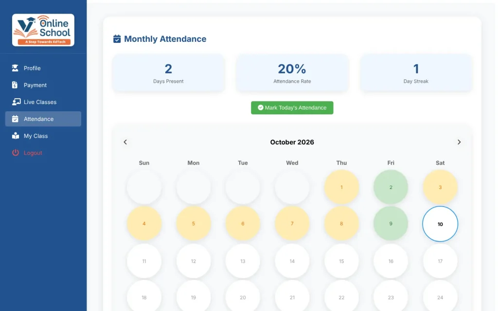 V Online School monthly attendance calendar