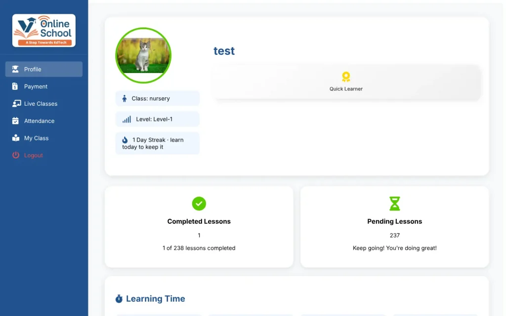 V Online School student dashboard overview