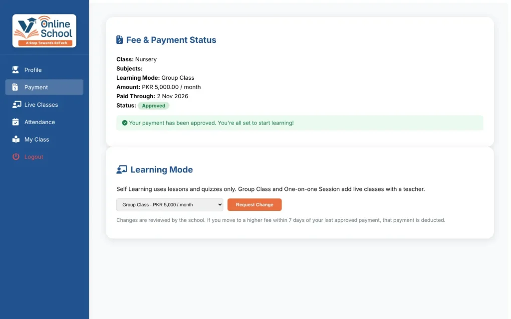 V Online School fee status and learning mode