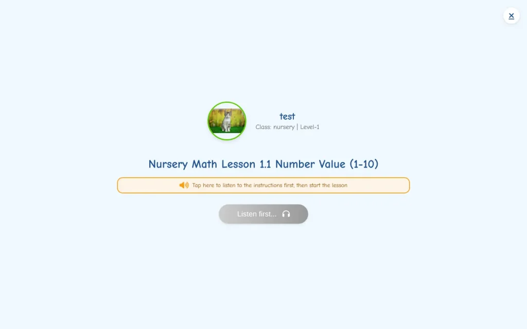 V Online School lesson intro screen with audio instructions