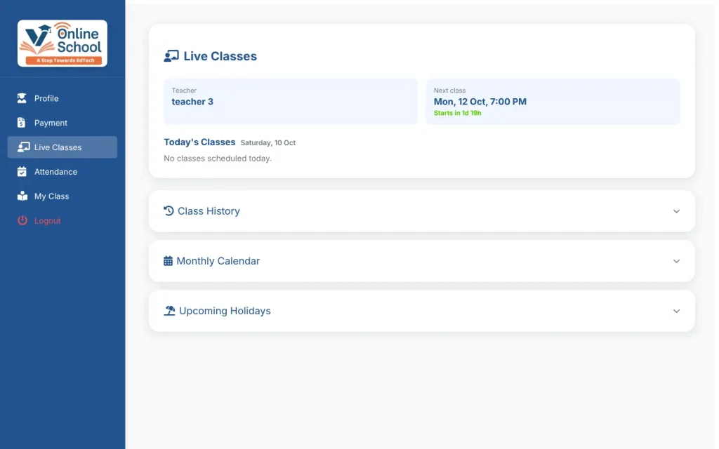 V Online School live classes with teacher and next class countdown