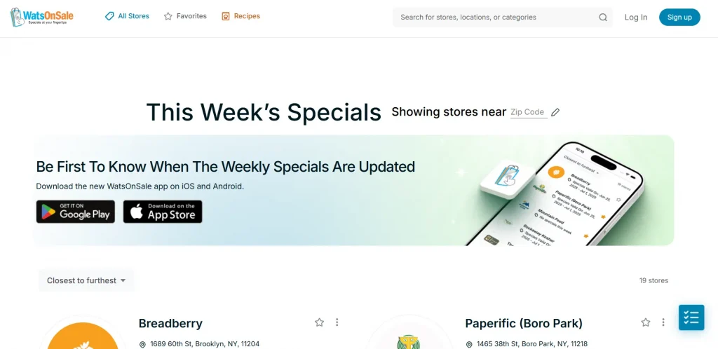 Wats on Sale homepage with weekly specials